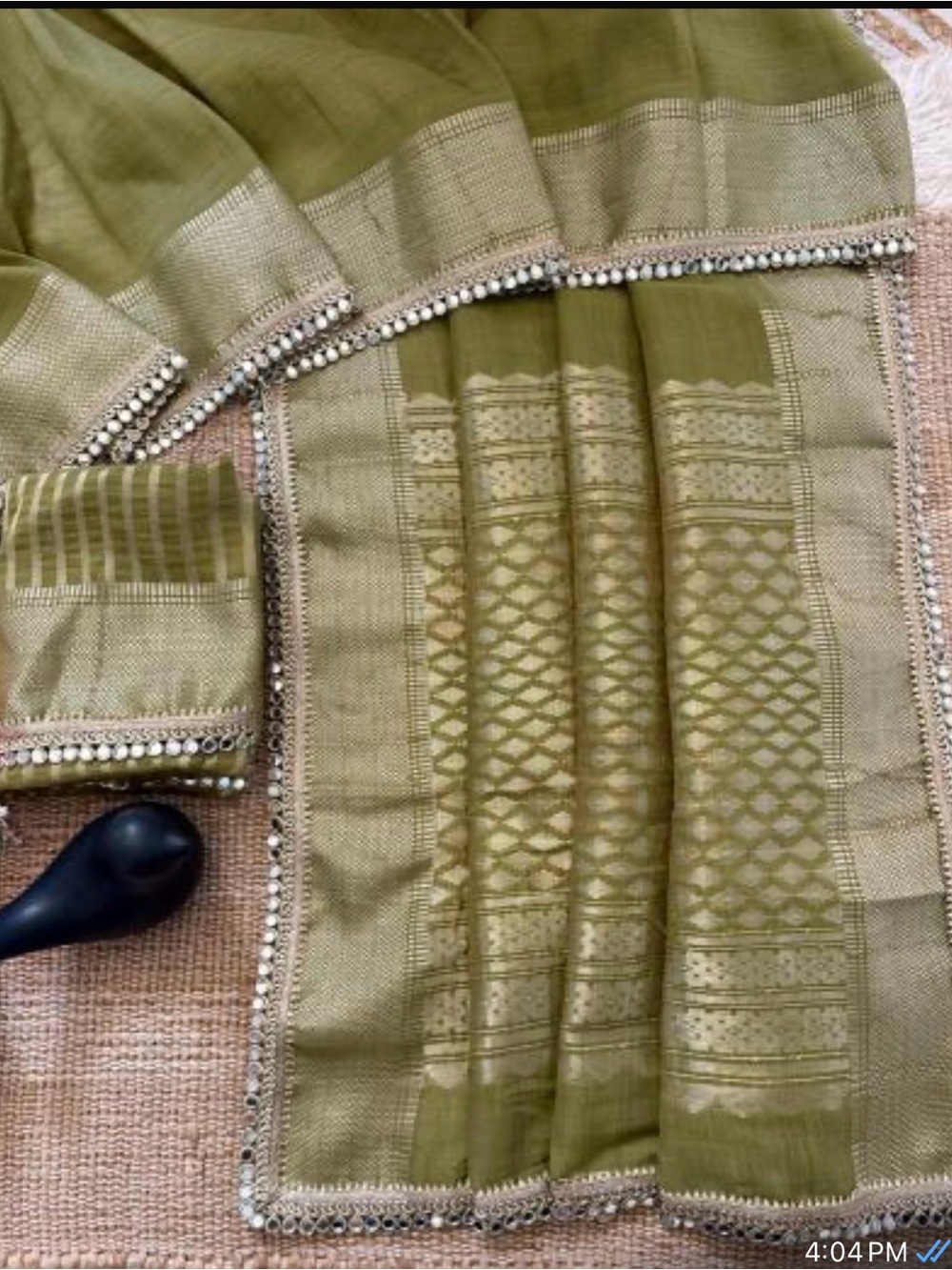 Tusser Silk Olive Green Woven Saree with Gold Zari Real Mirror Border